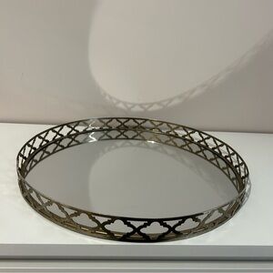 Decorative Round Mirrored Tray in Antique Brass